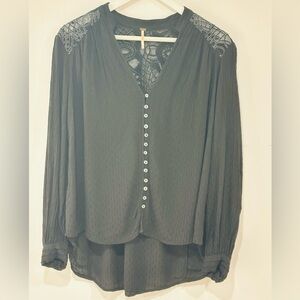 NWOT Free People Black Lace Detail Blouse Women’s Medium Boho Sheer Button Top